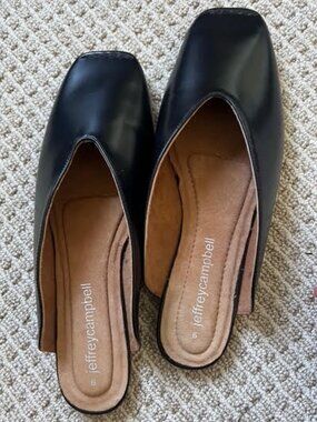 Jeffrey Campbell Black Leather Mule Flat Square Toe Size 9 / EUR 40